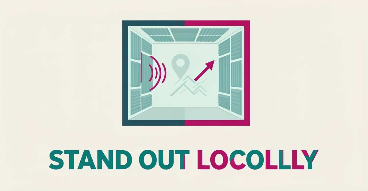 Flat illustration of acoustic foam panels absorbing sound waves with a map pin and growth arrow, headline 'Stand Out Locally' about soundproofing website marketing.