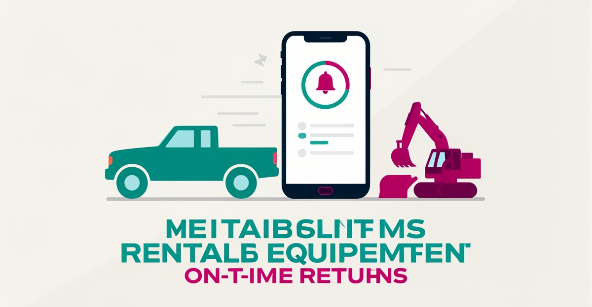 Flat illustration of rental fleet vehicles with a smartphone showing reminder notifications in teal and magenta brand colors.