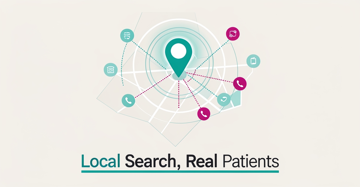 Flat illustration of a map with a glowing location pin connecting to service area nodes, symbolizing local search visibility for integrative medicine practices.