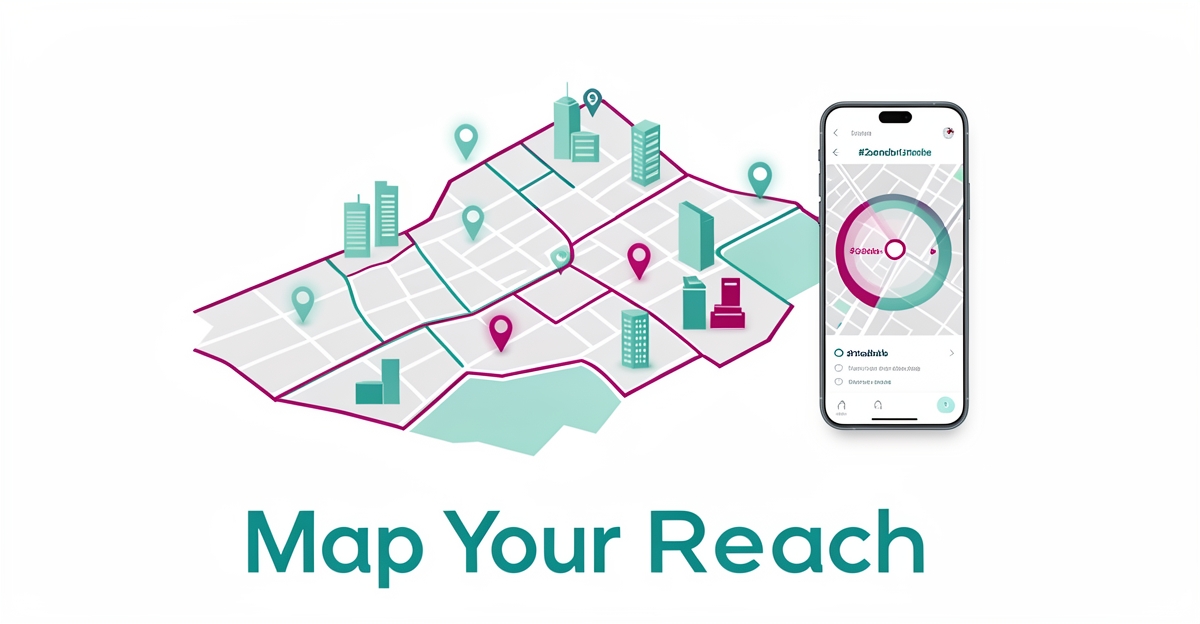 Flat illustration of a city map with highlighted service areas and a smartphone showing a dynamic map, using teal and magenta brand accents.