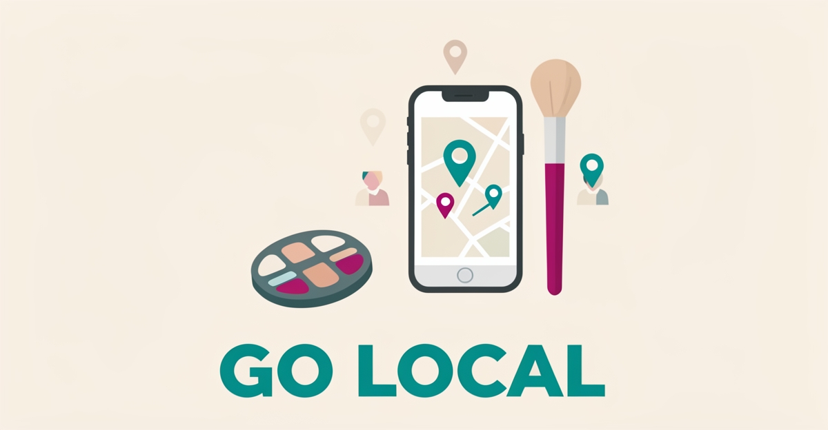 Flat illustration of a makeup brush, palette, and smartphone with map pins in teal and magenta, symbolizing local makeup service visibility.