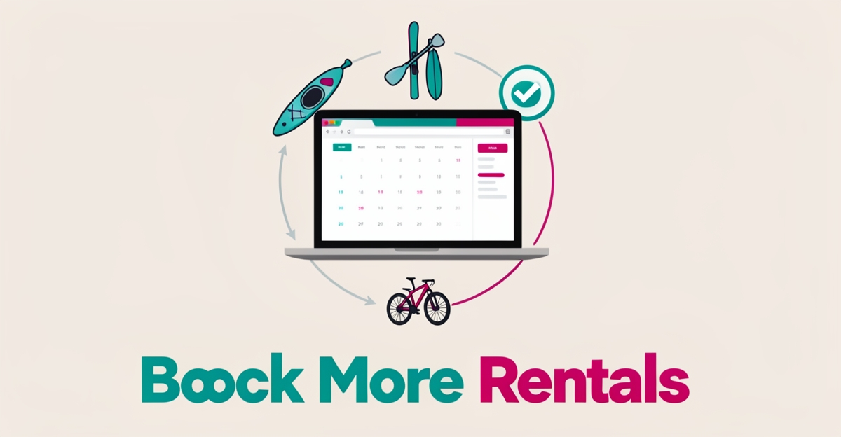 Flat illustration of a laptop booking calendar surrounded by sports equipment icons in teal and magenta, with headline Book More Rentals.