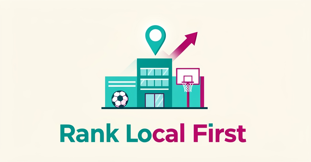 Flat illustration of a sports complex with a location pin and upward arrow, symbolizing local SEO ranking success for family sports facilities.
