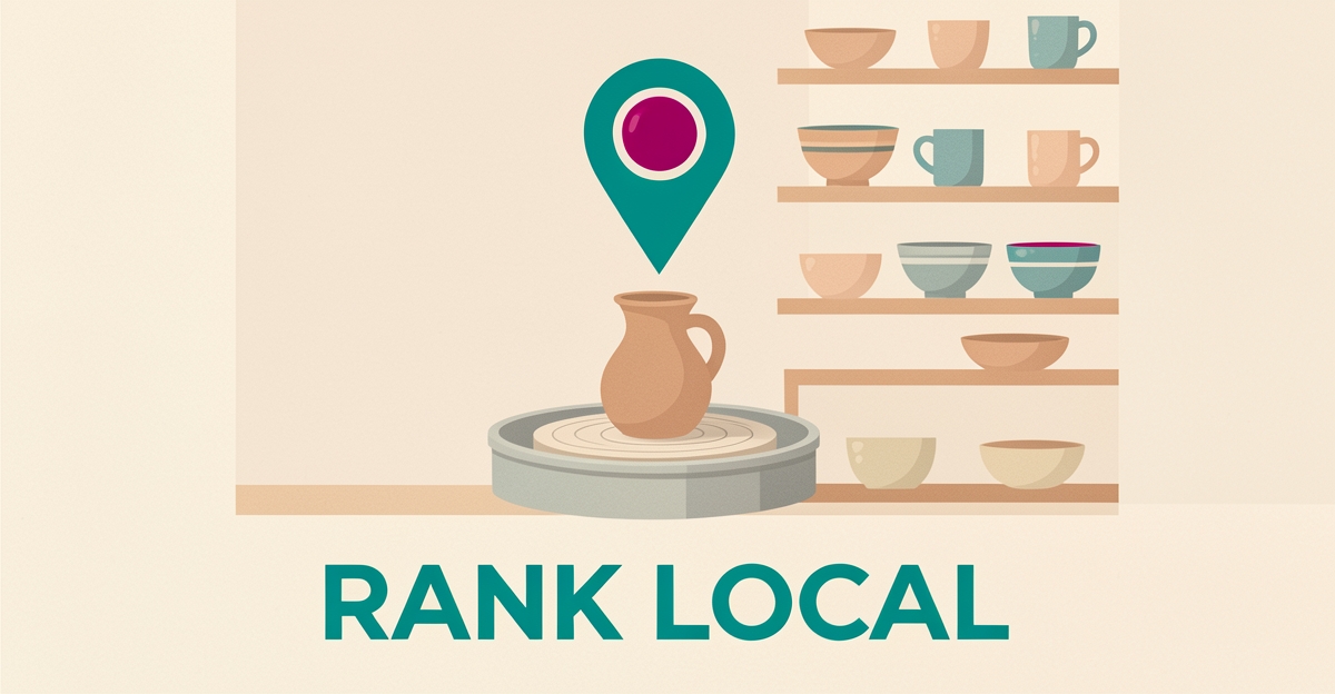 Flat illustration of a pottery studio with handmade ceramics and a map pin, accented in teal and magenta, with the headline Rank Local.