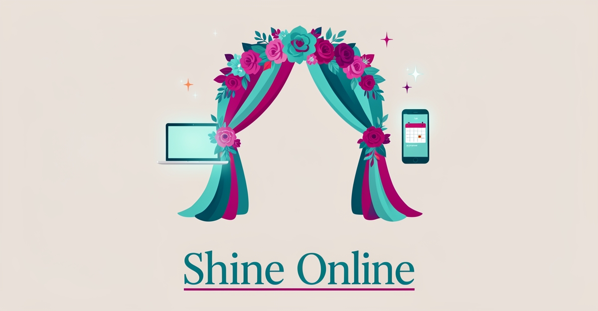 Flat illustration of a wedding ceremony arch with flowers and digital booking icons, accented in teal and magenta, with headline 'Shine Online'.