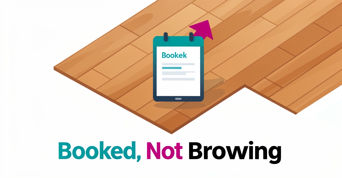 Flat illustration of vinyl flooring with a tablet showing a booked appointment, accented in teal and magenta.