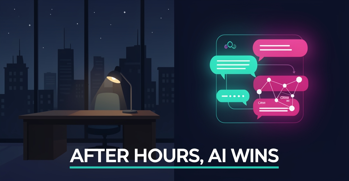 Flat illustration contrasting a dim night-shift office desk with a glowing AI chat assistant in teal and magenta, symbolizing 24/7 automated after-hours support.