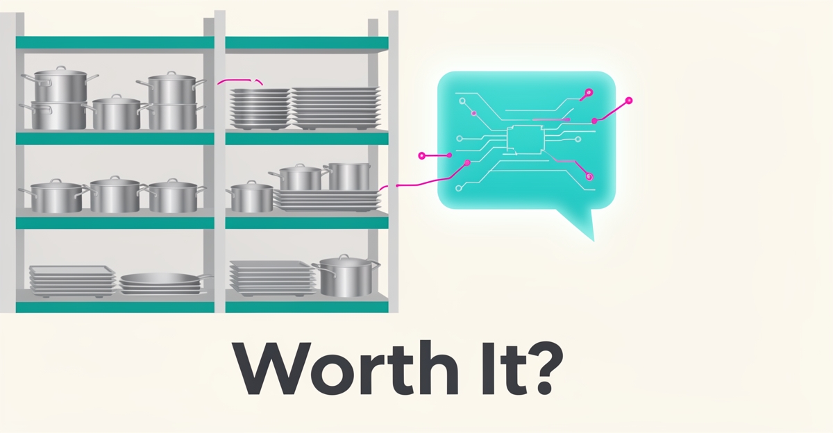 Flat illustration of a restaurant supply warehouse with a glowing teal AI chatbot panel and magenta accents, headlined 'Worth It?'.