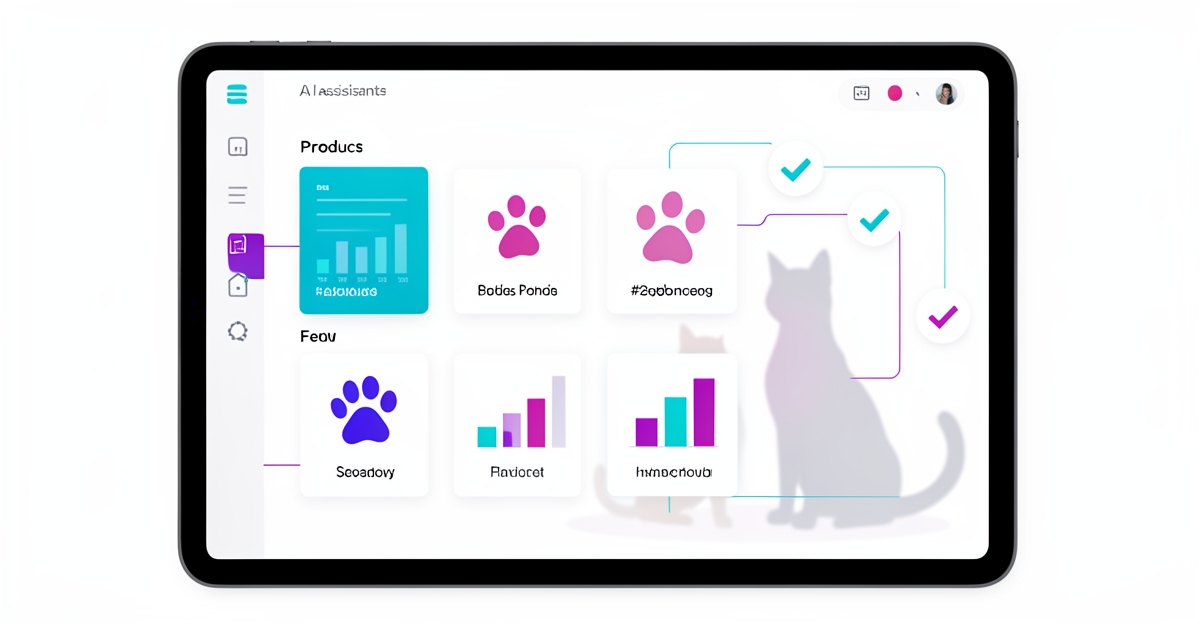 A clean modern flat illustration of an AI assistant interface for pet stores with paw print icons and inventory charts, accented in brand colors teal and magenta, featuring the headline 'Smart Pet AI' in the lower third