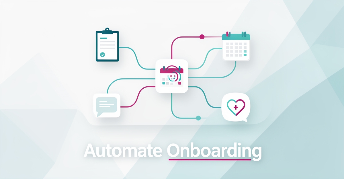 Flat illustration of a website hub connecting intake forms, calendars, and follow-up icons in teal and magenta, symbolizing AI-automated patient onboarding.