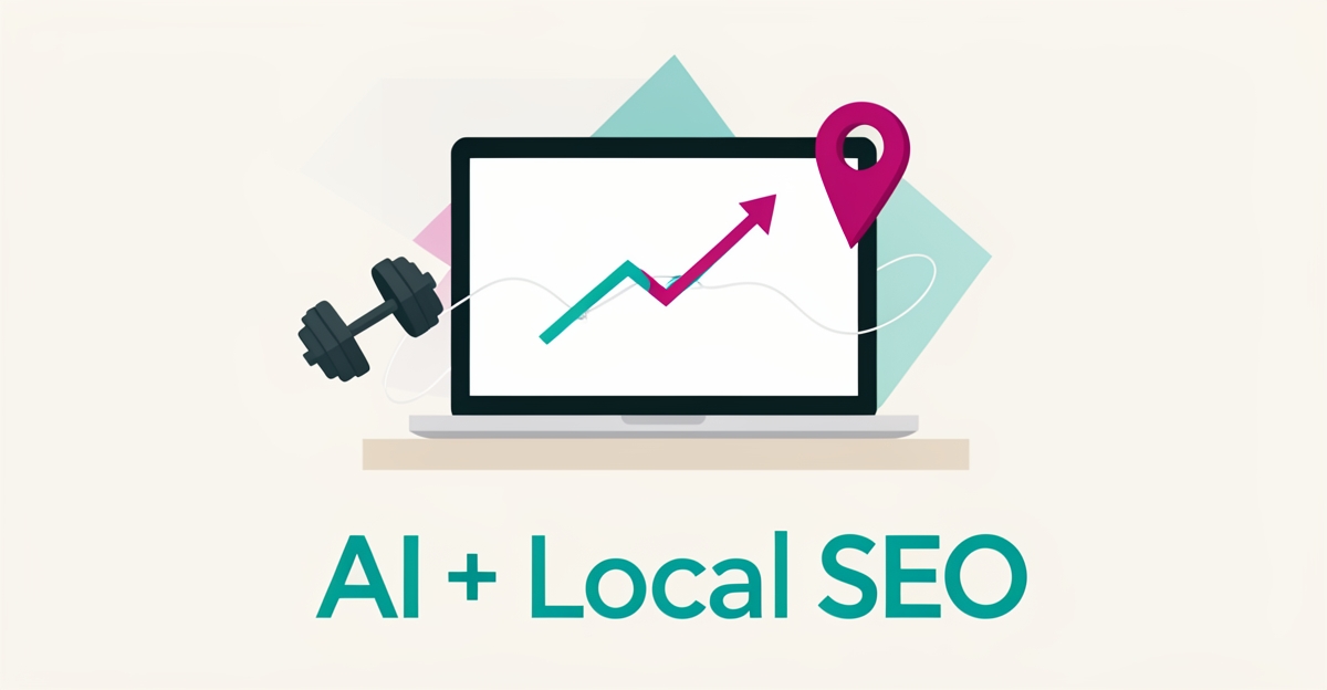 Flat illustration of a laptop with a rising search graph, dumbbell, and location pin symbolizing AI blogging that attracts local personal training clients.