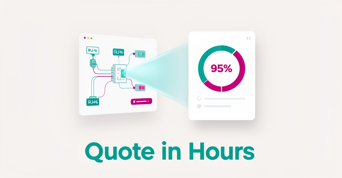 Flat illustration of AI automating network cabling quotes, showing schematics transforming into a finished quote with a 95% accuracy indicator.