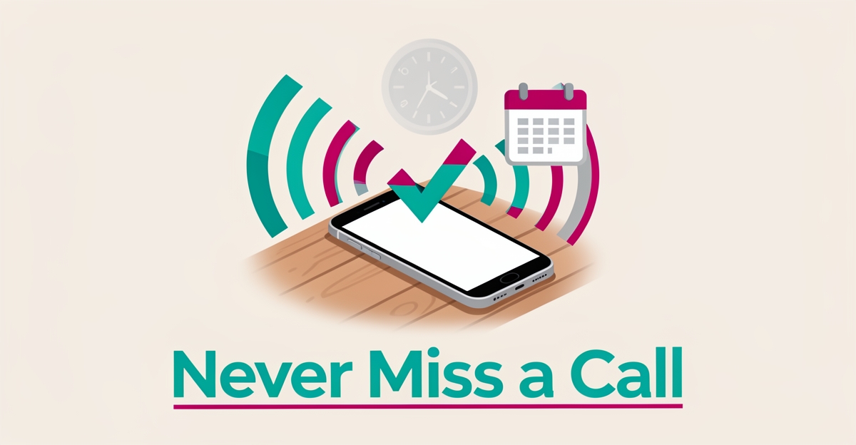 Flat illustration of a smartphone on hardwood flooring with call waves becoming a booking checkmark, headline Never Miss a Call.