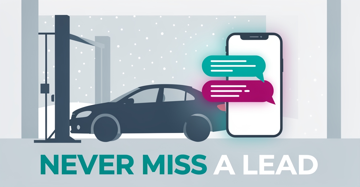 Flat illustration of a winter collision shop with a smartphone chat assistant capturing leads, headline reading Never Miss a Lead.