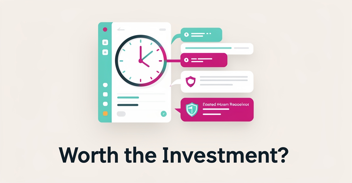 Flat illustration of an AI chatbot handling parent question bubbles with a clock and review shield, accented in teal and magenta, headline 'Worth the Investment?'