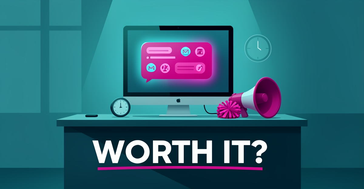 Flat illustration of an empty cheerleading gym desk with a glowing AI chat interface on a monitor, teal and magenta accents, headline reading Worth It?