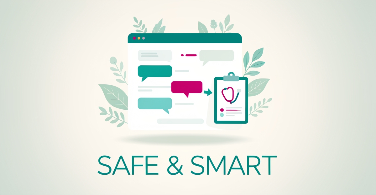 Flat illustration of a chat interface sorting routine patient messages, with teal and magenta accents and a headline reading Safe & Smart.