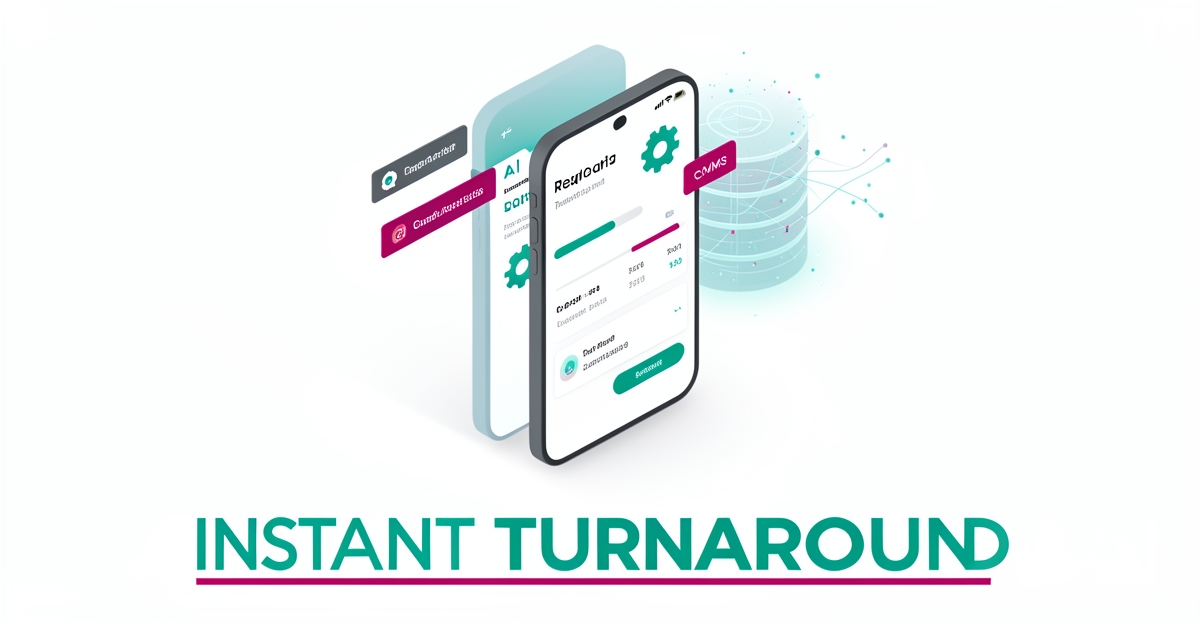 Flat illustration of AI chatbot showing real-time repair turnaround data with brand teal and magenta accents.