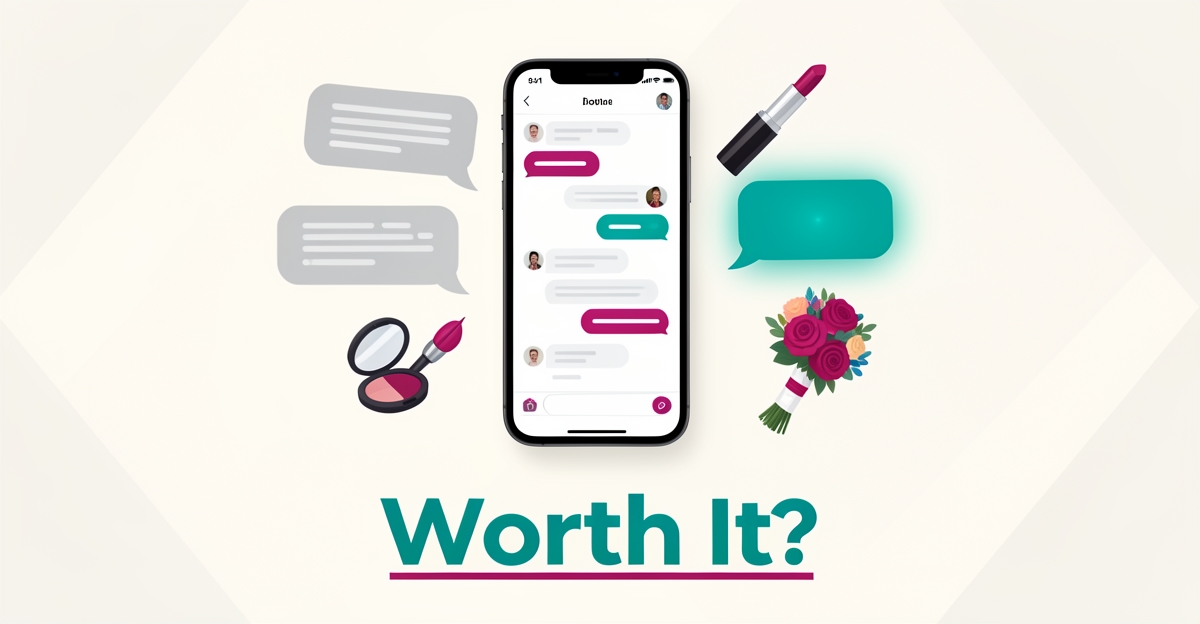 Flat illustration of a smartphone chatbot answering event makeup inquiries, accented in teal and magenta with headline Worth It.