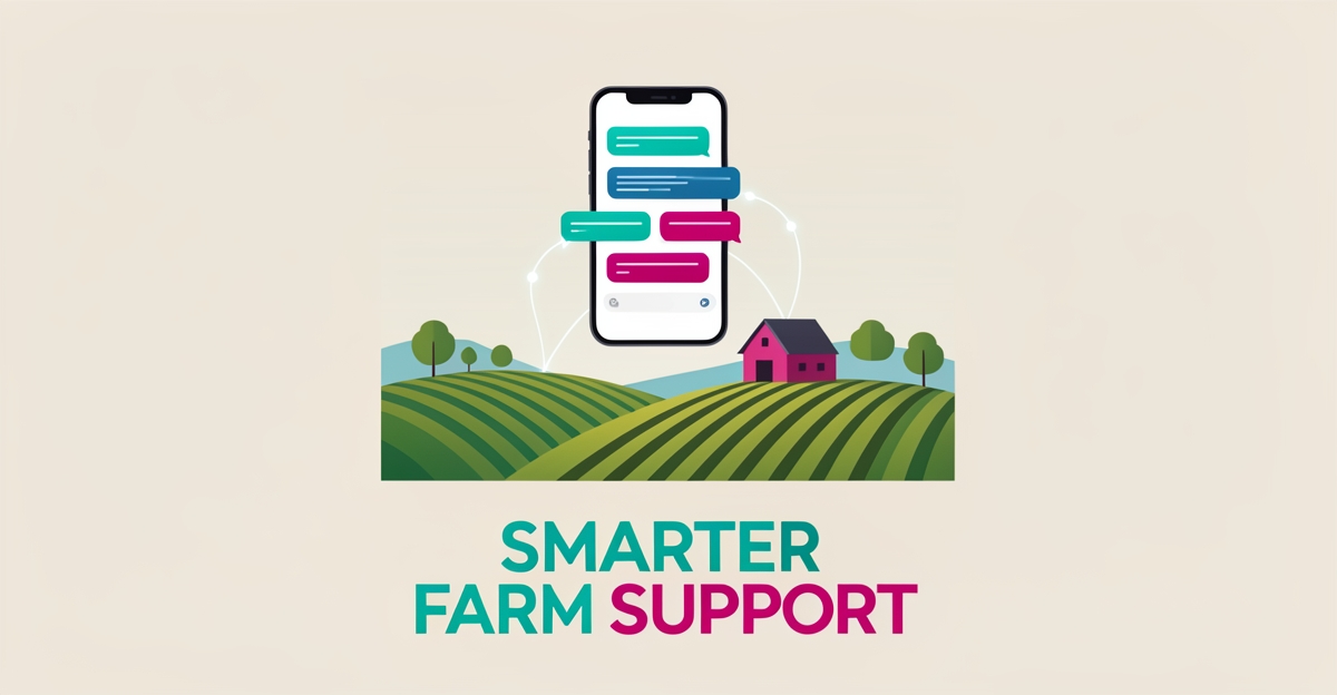Flat illustration of a smartphone chat interface connecting AI support to organic farm fields in teal and magenta brand colors.