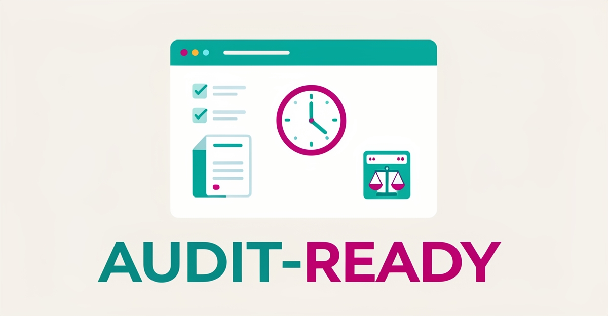 Flat illustration of an automated AI compliance dashboard with checkmarks and clock, teal and magenta accents, headline reading Audit-Ready.