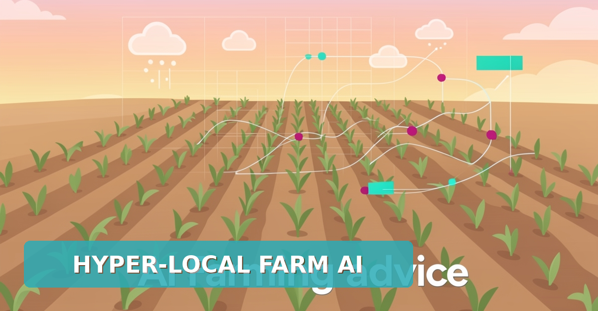 Flat illustration of AI-driven crop field with weather data overlays and teal magenta accents for hyper-local farming advice.