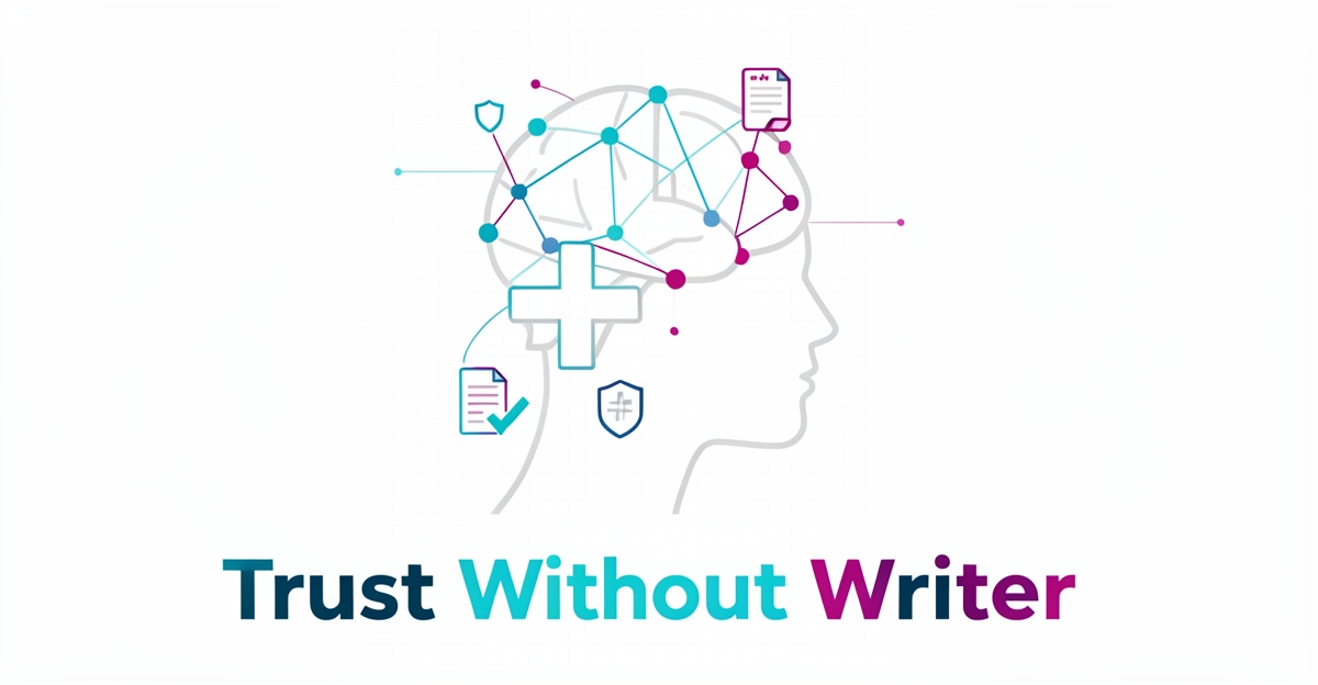 Flat illustration showing AI network connected to medical trust symbols for plastic surgery content creation.