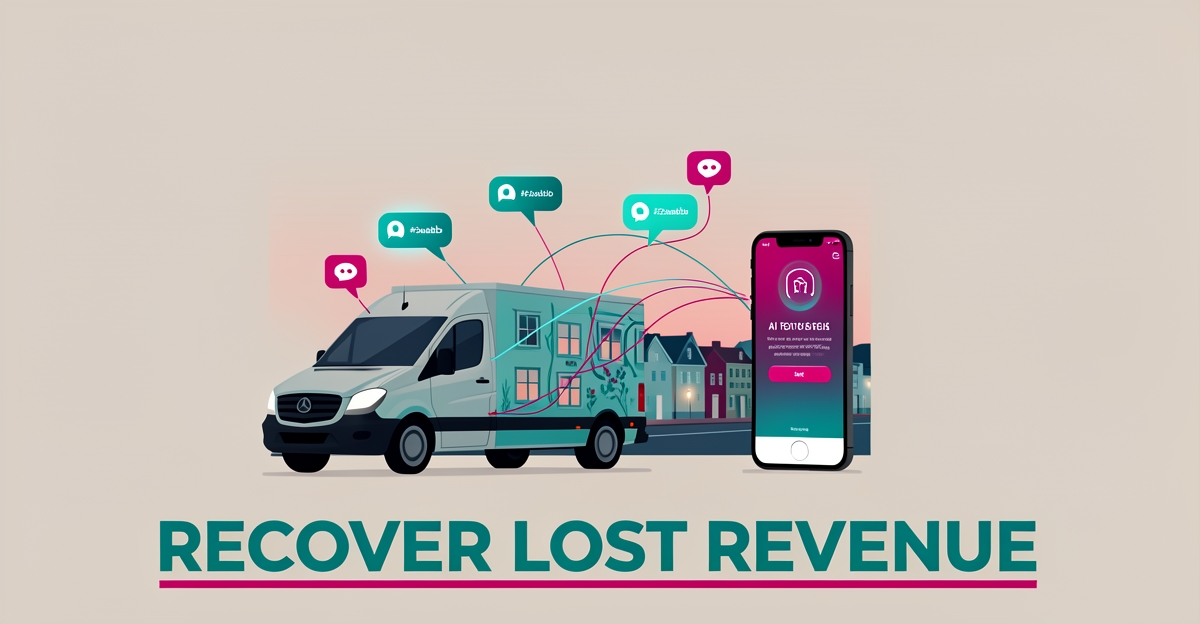 Flat illustration of a delivery van with AI call confirmation icons on a Halifax street, accented in teal and magenta with a revenue recovery headline.