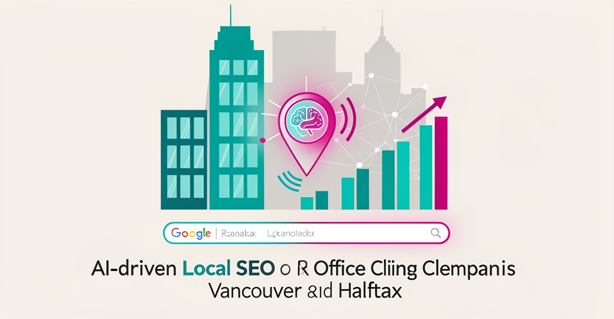 Flat illustration showing AI local SEO growth for office cleaners in Vancouver and Halifax with map pins and rising rankings.