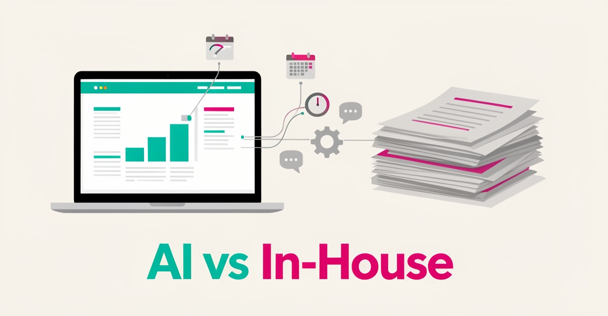 Flat illustration comparing fast AI-driven website development with slower traditional in-house methods, teal and magenta accents, headline AI vs In-House.