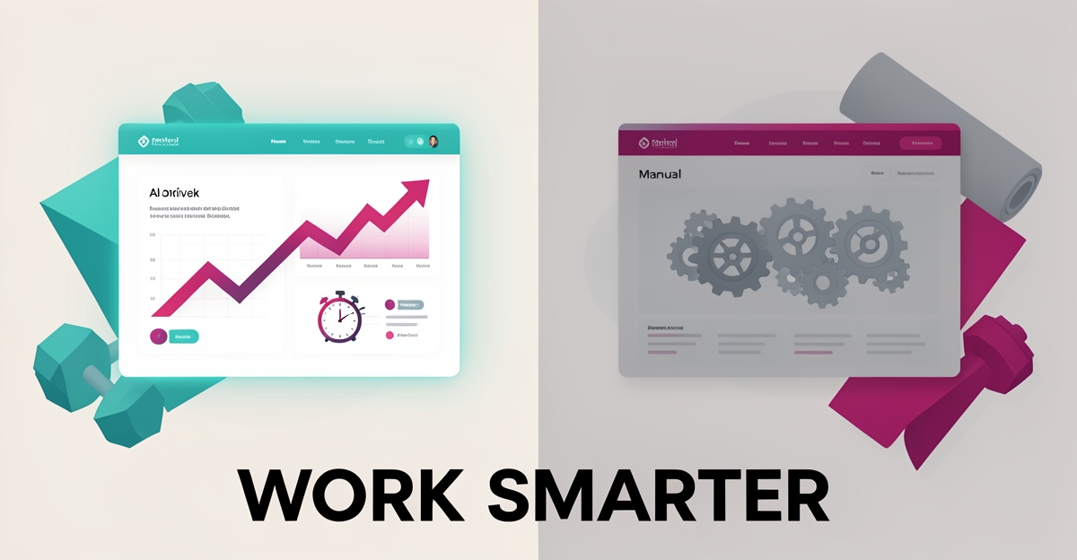 Flat illustration comparing an AI-driven fitness studio website with growth charts against a slow manual website, accented in teal and magenta.