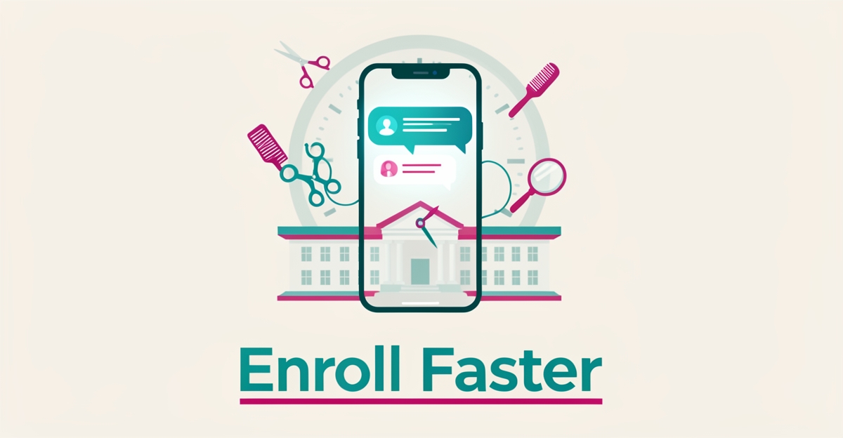 Flat illustration of a smartphone with AI chat bubbles over abstract cosmetology school icons, headline reading Enroll Faster.