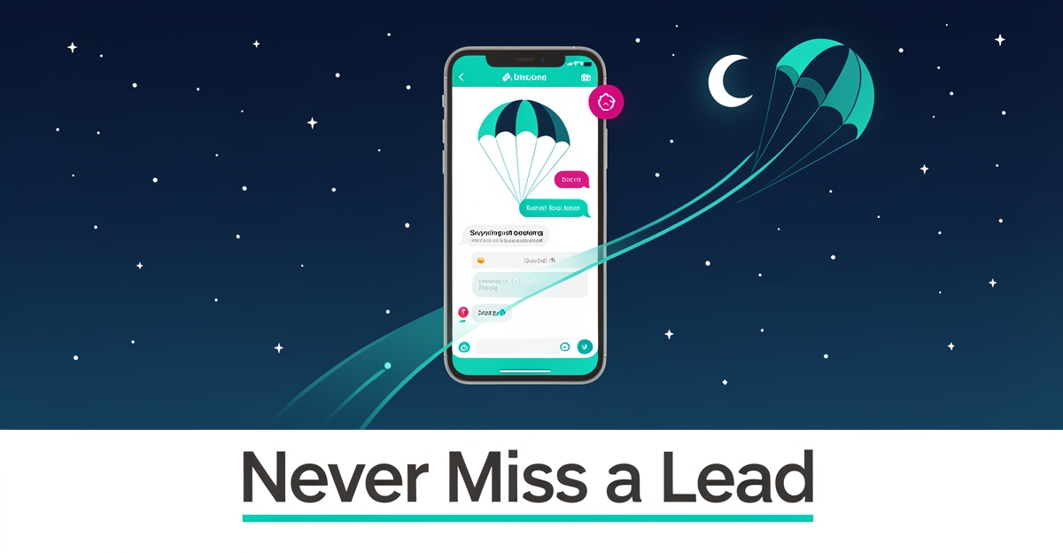Smartphone with AI chat booking a skydive under starry night sky with parachute silhouette and brand color accents.