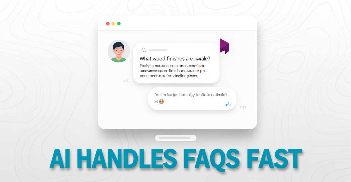 A minimalist flat illustration of an AI chatbot answering a cabinetry FAQ on a clean desk, with the headline 'AI Handles FAQs Fast' in the lower third, using brand colors for accent.