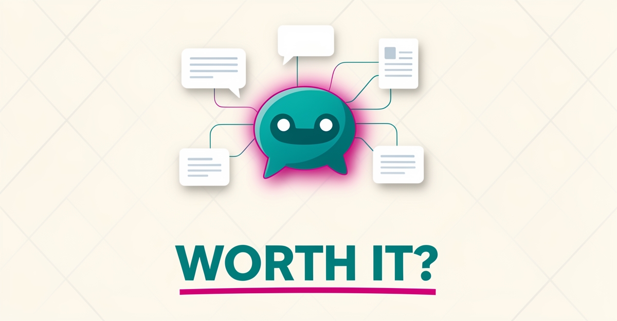 Flat illustration of an AI chatbot icon routing message bubbles, with the headline Worth It? in the lower third.