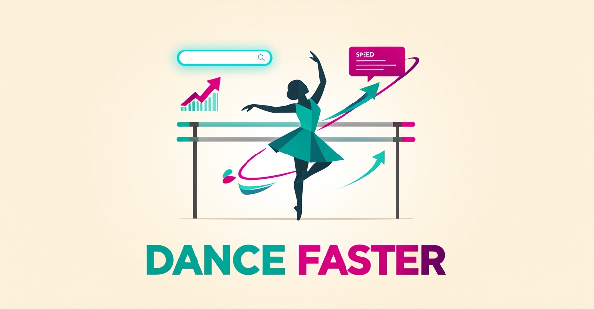 Flat illustration of an abstract dancer silhouette with digital search and analytics elements in teal and magenta, symbolizing AI-powered dance school content.