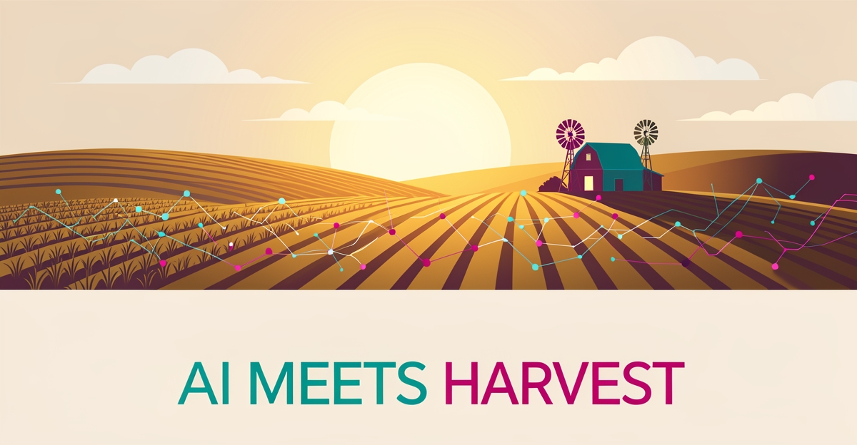 Flat illustration of farmland fields overlaid with glowing AI circuit patterns in teal and magenta, headlined AI Meets Harvest.