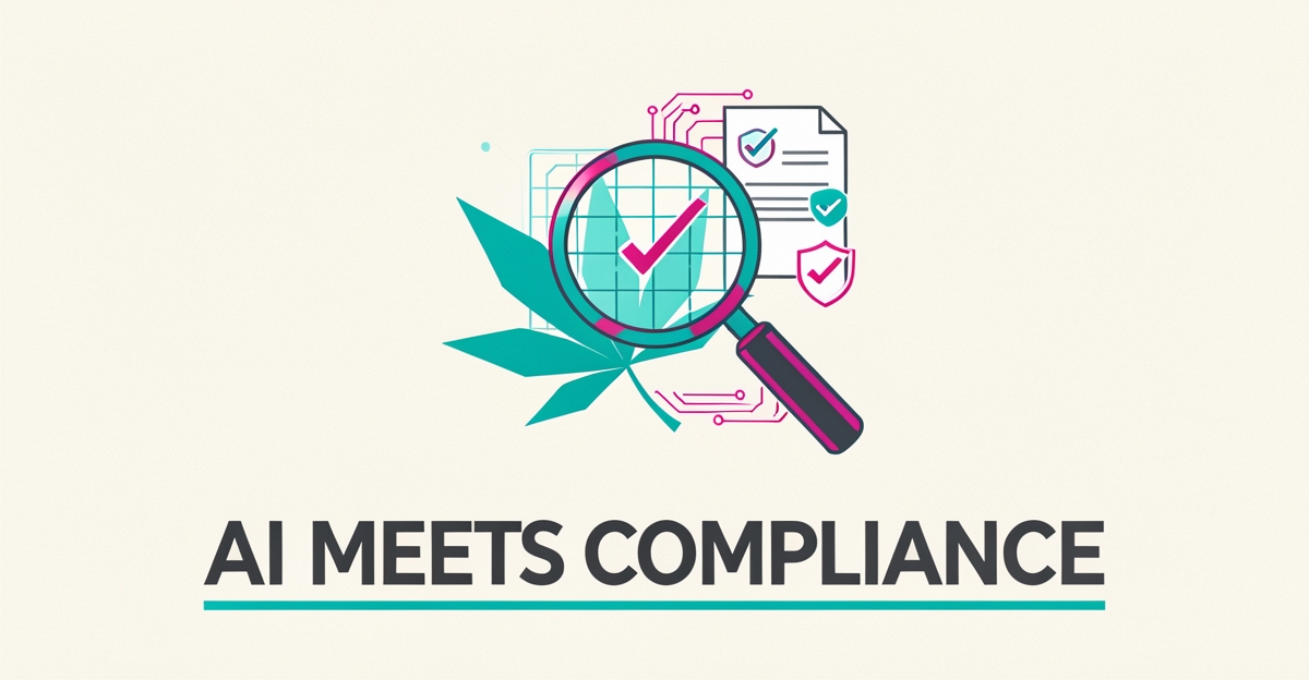 Flat illustration of a geometric hemp leaf under a digital scanning lens with circuit lines and checkmarks, symbolizing AI-driven hemp regulatory compliance.