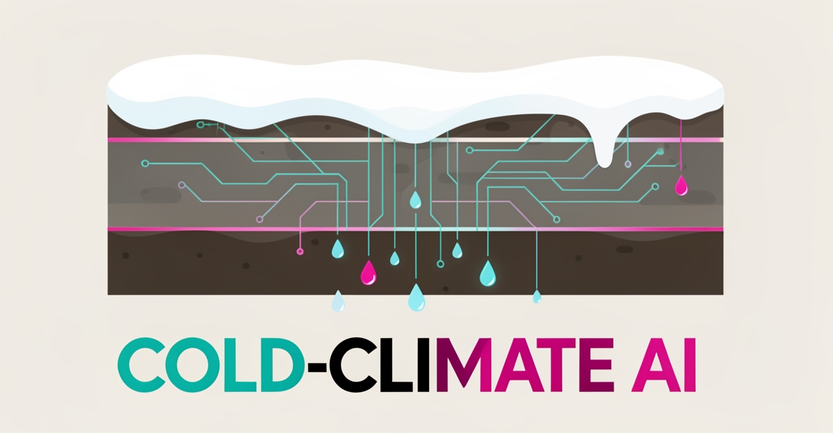 Flat illustration of a frost-lined basement wall with snowmelt and glowing AI network lines in teal and magenta, headlined Cold-Climate AI.