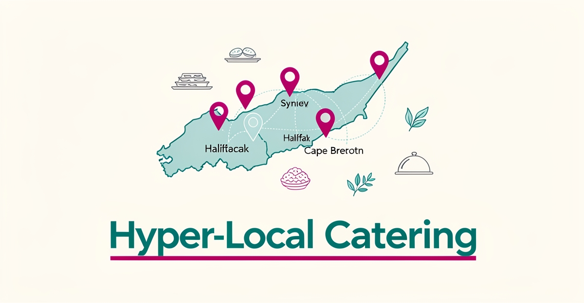 Flat illustration of a Nova Scotia map with catering icons and location pins for Halifax, Cape Breton, and Sydney.