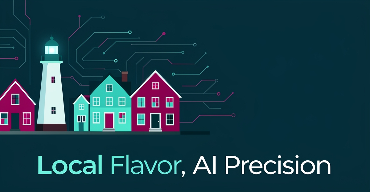 Flat illustration of Nova Scotia's historic coastal architecture with teal and magenta AI circuit motifs and a headline about local AI content.