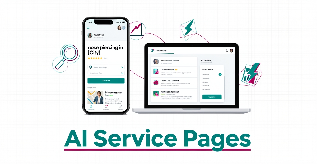 Flat illustration of AI-generated local service pages for piercing studios on smartphone and laptop screens with SEO and conversion icons in teal and magenta accents.