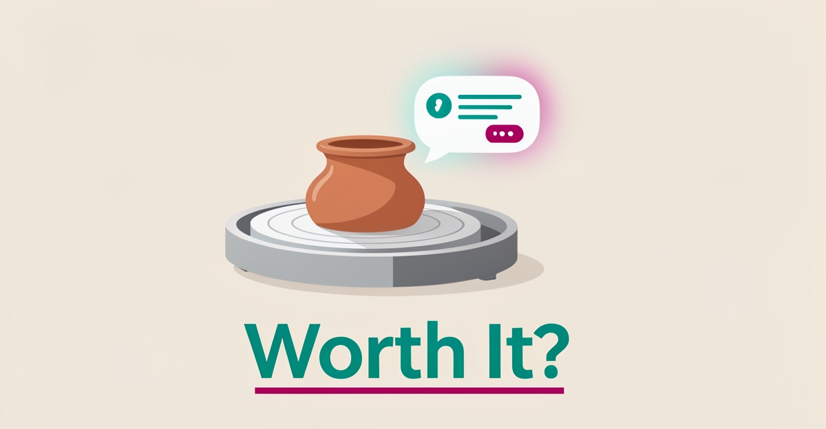 Flat illustration of a pottery wheel with clay pot beside a glowing AI chat bubble, accented in teal and magenta, with headline reading Worth It.