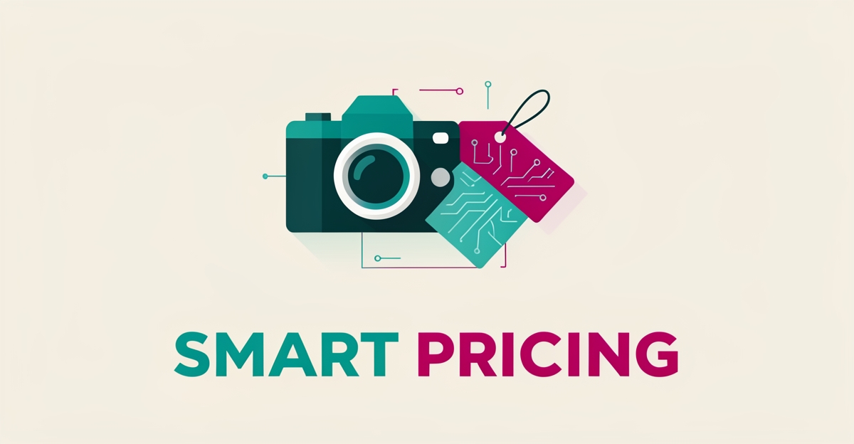 Flat illustration of a camera, price tag, and AI circuit motif in teal and magenta with the headline Smart Pricing, representing AI-assisted event photography pricing.