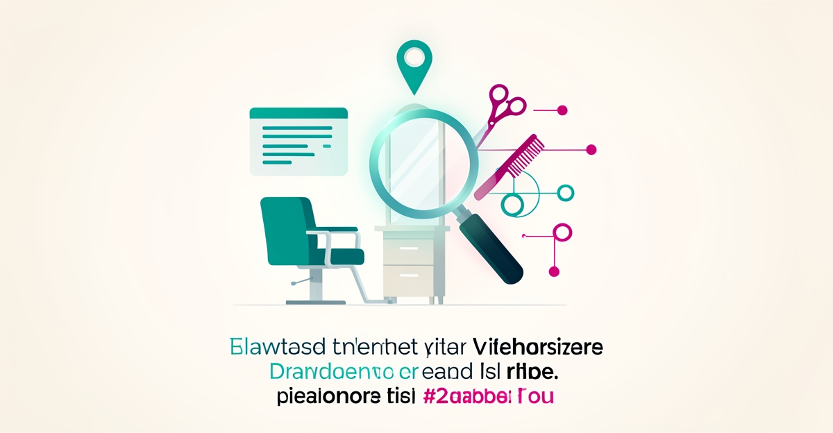Flat illustration of a salon chair and mirror connected to digital search icons, a magnifying glass, and a location pin in teal and magenta.