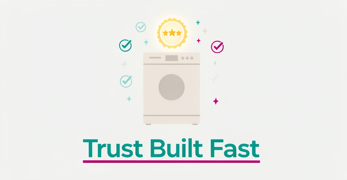 Flat illustration of a dishwasher with a glowing five-star verified review badge in teal and magenta, symbolizing AI-curated local review trust.
