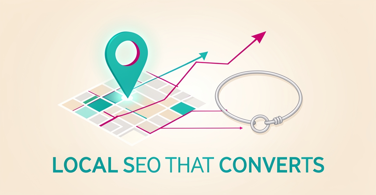 Flat illustration of a glowing map pin linked to a delicate welded bracelet, symbolizing AI local SEO for permanent jewelry studios.