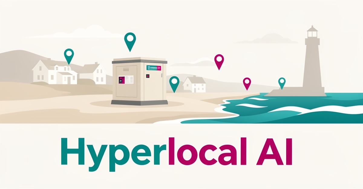 Flat illustration of a home generator on a stylized Nova Scotia coast with map pins and a Hyperlocal AI headline in brand colors.
