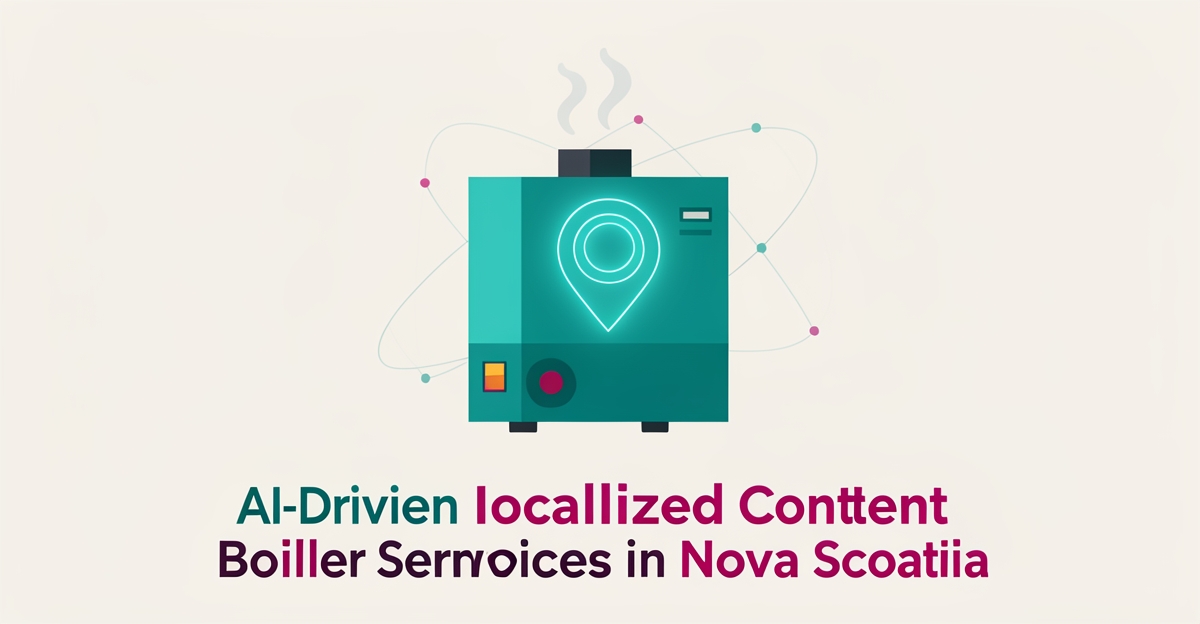 Flat illustration of a boiler with a glowing map pin and AI network lines, symbolizing AI-localized content for Nova Scotia boiler services.