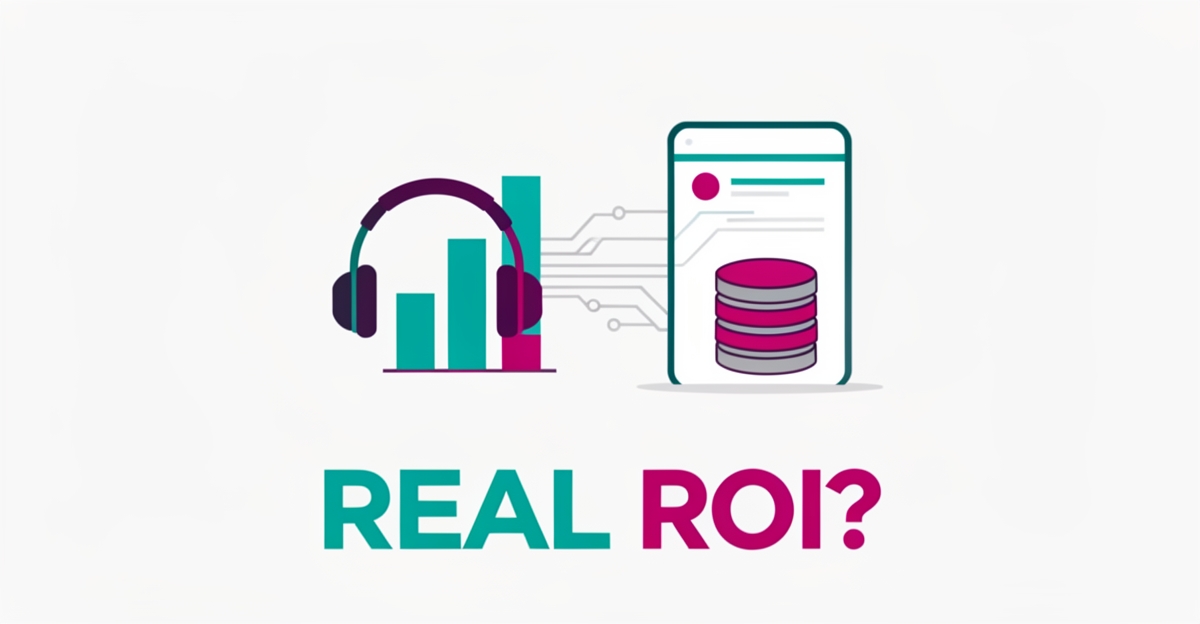 Flat illustration of an AI headset merging into a rising ROI chart with teal and magenta accents and a bold headline.